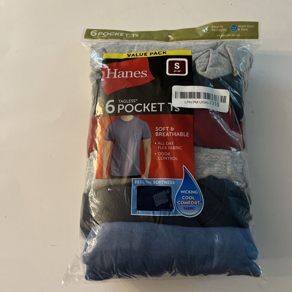 Hanes Mens Soft And Breathable Pocket Tee Assorted 6-Pack Tagless Size Small